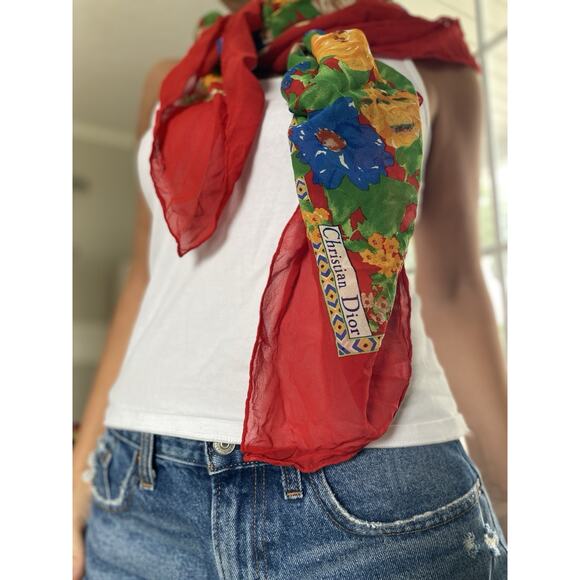 CHRISTIAN DIOR SQUARE SILK MULTICOLOR VINTAGE SCARF - Picture 2 of 7